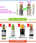 Compatibility chart showing NutriBullet 600W and Pro 900W as compatible with Replacement Blender Blade Kit. Other models not compatible.