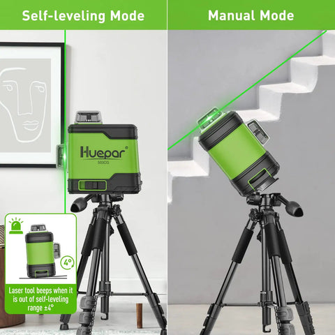 Self Leveling Laser Level With 3x360 Green Beams For Pro Grade Cross Line Three Plane Layout And Quick Horizontal And Vertical Alignment A Must Have For DIY And Construction Pros Includes Li Ion Battery And Portable Tool Bag showing self-leveling and manual modes on tripod