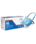 Blue box and one N95 Duckbill Respirator Mask With Pouched Design For All Day Breathable Comfort Flexible Nosepiece And Headloops