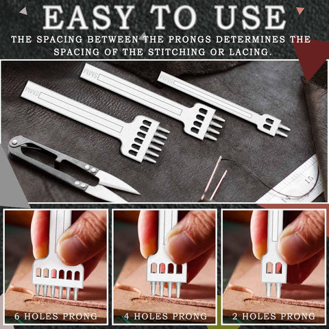 5mm Leather Hole Punch Tool Set with 2 4 6 Prong Tooth shown on leather, demonstrating circular cut lacing punches