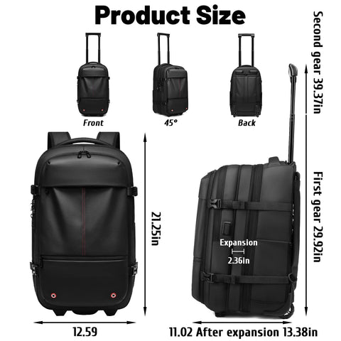 Front and side views of a black 21-inch Amazon carry-on luggage with expansion, wheels, USB port, pump, and lock