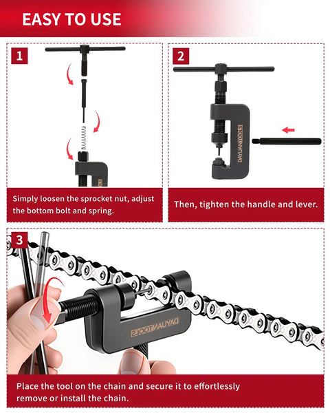 DAYUAN 13‑pc motorcycle chain breaker tool kit for 25–630 chain, front view with clamp, screw and chain