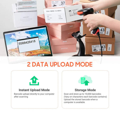 3 In 1 2D QR Barcode Scanner With Stand Bluetooth 2.4GHz Wireless And USB Wired Handheld Barcode Reader For Fast POS Scanning Plug And Play Setup HW0001 in use with boxes and computer