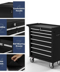 7 Drawer Rolling Tool Chest With Locking System On Wheels, Beefy High Capacity Steel Tool Cabinet For Garage, Workshop, And Warehouse, Durable Black Metal Storage Cart, front view