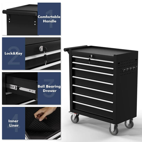 7 Drawer Rolling Tool Chest With Locking System On Wheels, Beefy High Capacity Steel Tool Cabinet For Garage, Workshop, And Warehouse, Durable Black Metal Storage Cart, front view