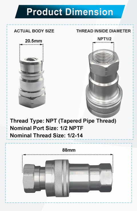 Hydraulic quick-connect tractor coupler set, 1/2 in NPT, ISO 5675 ball-pioneer style with dust caps, 2 sets.