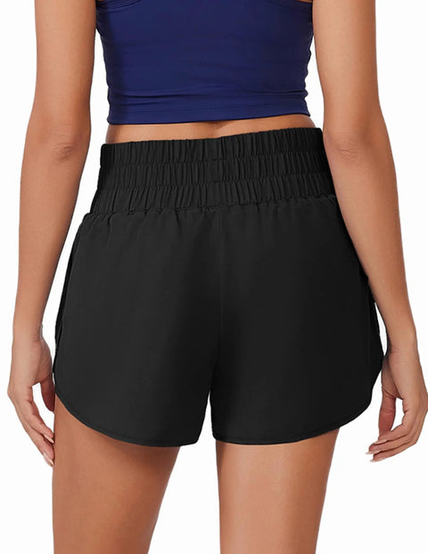 Back view of high waisted womens running shorts with soft inner liner quick dry gym shorts for summer, black with secure pockets