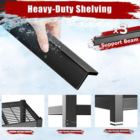 Beefy Five Shelf Garage Shelving Unit Heavy Duty Metal Storage Rack 72 Inches High 62 Inches Wide 24 Inches Deep Total Weight Capacity 3050 Lbs Adjustable Shelves Perfect For Basement Warehouse Or Workshop, black metal support beam with water-resistant coating and non-slip pads.