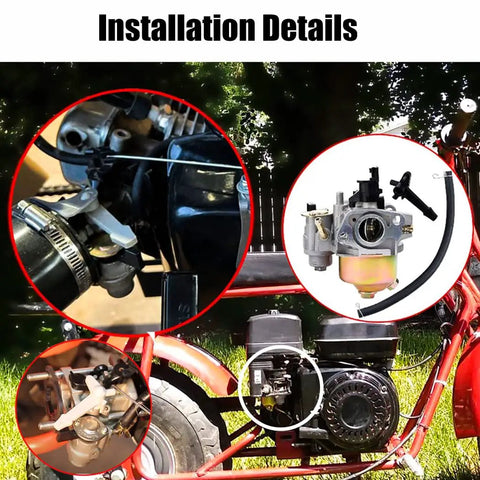 Carburetor For Powersports 196cc CT200U CT200U-EX installation details with gaskets, fuel line, and filter on mini bike.