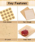 Image showing features of 120 Pack Self Sealing Kraft Bakery Bags With Window 5.7x6.5 Inches Heat Sealable And Grease Resistant To Go Sleeves.