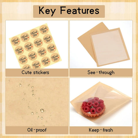 Image showing features of 120 Pack Self Sealing Kraft Bakery Bags With Window 5.7x6.5 Inches Heat Sealable And Grease Resistant To Go Sleeves.