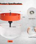 Diagram of a 6 Inch Hole Saw for Recessed Can Lights with Dust Bowl, Bi Metal Cutter, and Dust Catcher for Drywall Wood and Metal.