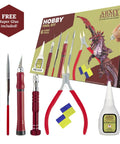 One Box Fits All Hobby Tool Kit With Glue And Six Essential Tools For Miniature Assembly Drill With Bits Knife Side Cutter Sculpting Tool