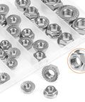Top Drawer 304 Stainless Steel Flange Nuts Assortment Kit 38 Piece Set Loaded With Serrated Hex Lock Nuts In Four Sizes, showing various sizes.