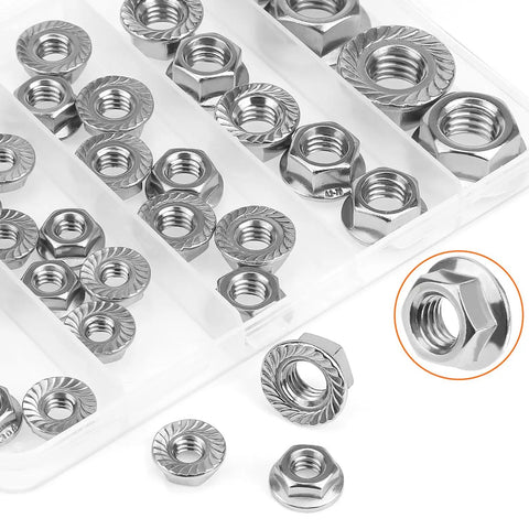 Top Drawer 304 Stainless Steel Flange Nuts Assortment Kit 38 Piece Set Loaded With Serrated Hex Lock Nuts In Four Sizes, showing various sizes.