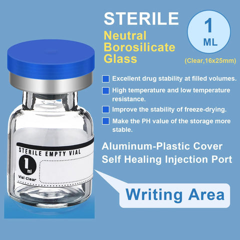 Front view of a 1 ml sterile empty glass vial with blue plastic cap and blank label