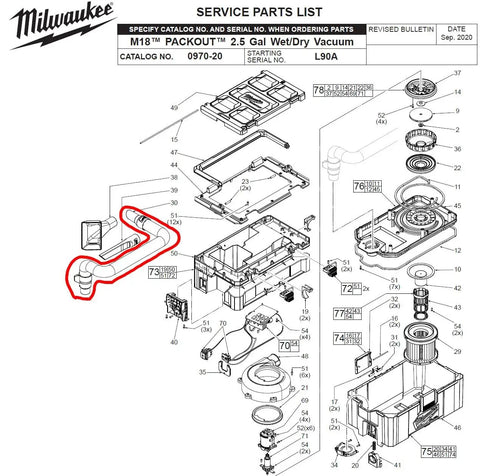 Diagram of M18 Packout Vacuum 0970-20 parts, highlighting Hose Assembly For 0970-20 Packout Vacuum M18 Compatible 14-37-0016