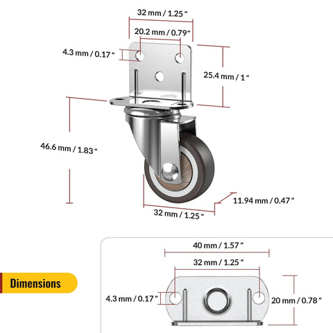 Diagram showcasing dimensions of Side Mount Caster Wheels 1.25 Inch Heavy Duty L Shaped Plate with Double Ball Bearing Swivel Set of 4.