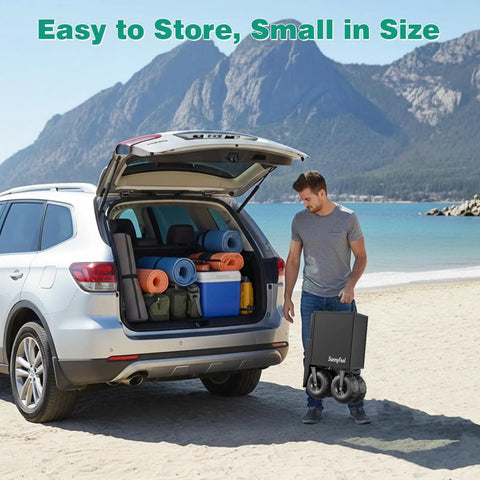 Heavy Duty Beach Wagon With 9 Inch Balloon Wheels, 550 Lb Capacity, folded next to SUV at beach, easy to store.