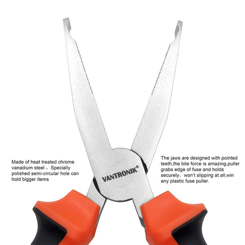 Premium Automotive Fuse Puller And Relay Extractor Tool With Insulated Handles, 6.5 inch metal pliers with serrated teeth for fuse removal.