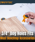 A hand using quick-insert locks on Arachni-Flex 24 By 48 Inch Waterproof PVC Foldable Workbench Tabletop with pre-drilled dog holes.
