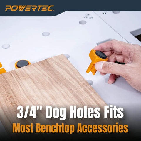 A hand using quick-insert locks on Arachni-Flex 24 By 48 Inch Waterproof PVC Foldable Workbench Tabletop with pre-drilled dog holes.