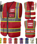 Custom Logo High Visibility Safety Vest Hella Bright Reflective Hi Vis Construction Workwear For Men And Women Crew Gear With Your Company Printed Back Panel in red with multiple pockets and reflective strips.