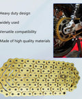 525 XRing Motorcycle Chain 110 Links With Master Link Gold Finish displayed with heavy duty design and bike compatibility.