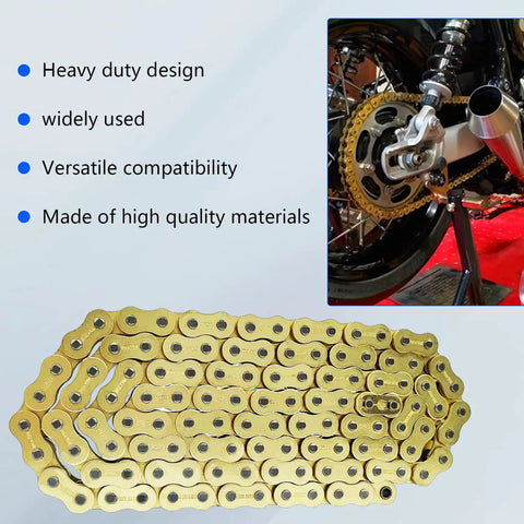 525 XRing Motorcycle Chain 110 Links With Master Link Gold Finish displayed with heavy duty design and bike compatibility.
