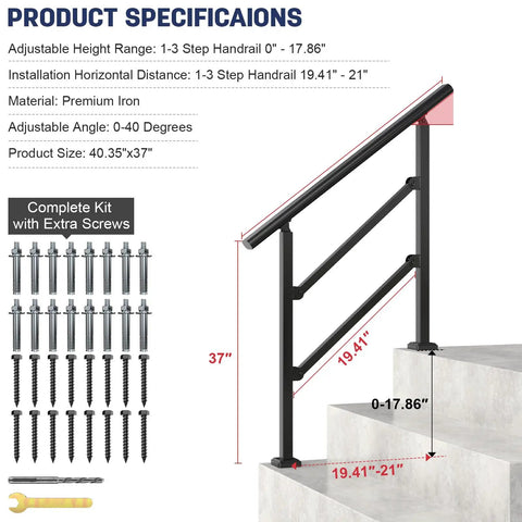Rock Solid Wrought Iron Handrails For Outdoor Steps Heavy Duty Stair Grip Rails With Rust Resistant Powder Coat, 37 inches tall.