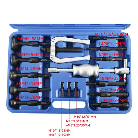 Blue plastic case containing KUNTEC bearing race puller and extractor set with slide hammer and assorted adapters