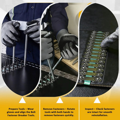 Zonon 2 Pack Heavy Duty Belt Fastener Breaker Tool With Flexible Joint removing fasteners from conveyor belt using gloves.