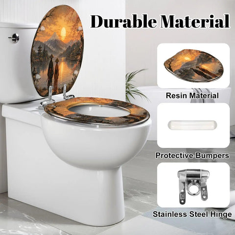 Elongated Mount Sunset Landscape Cherry Blossoms Traditional Toilet Seat with durable resin material and stainless steel hinge.