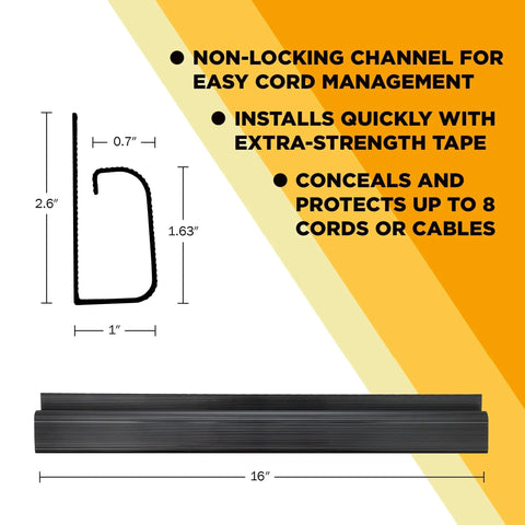 5 Pack 16 Inch J Channel Cable Management Kit for Under Desk Setup with dimensions and features highlighted, black color.