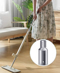 Person using mop with 1-inch threaded tip adapter in living room, part of 4 Pack Threaded Tip Replacement Kit For Mop Extension Poles And Brooms, 1 Inch Threaded Tail Adapters, Fits Wood Or Metal Pole Ends, Includes Nuts Screws And Rivets For Quick, Durable Pole Upgrades.