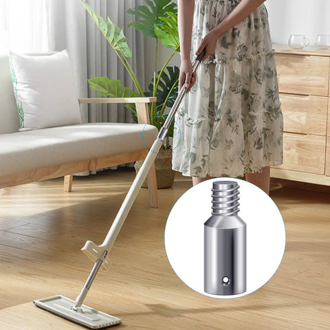 Person using mop with 1-inch threaded tip adapter in living room, part of 4 Pack Threaded Tip Replacement Kit For Mop Extension Poles And Brooms, 1 Inch Threaded Tail Adapters, Fits Wood Or Metal Pole Ends, Includes Nuts Screws And Rivets For Quick, Durable Pole Upgrades.
