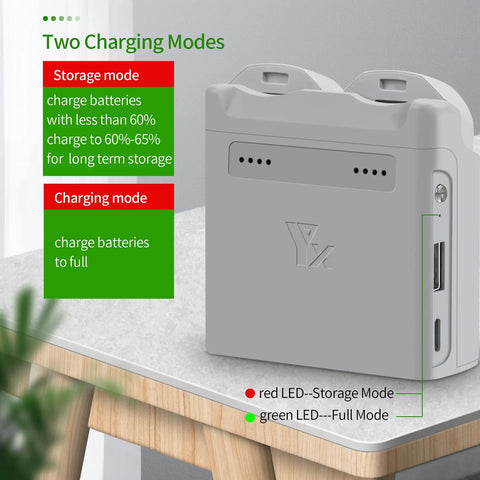 Close-up of two way charging hub for Neo battery system showing storage and charging modes with LED indicators.