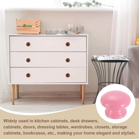 10 Piece Rose Red Mushroom Wood Drawer Knobs Cabinet Hardware With Mounting Screws For Dressers And Cupboards, displayed on white dresser.