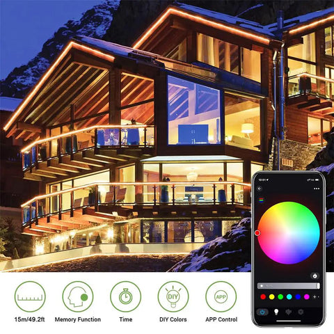 Modern house with 49.2ft Smart LED Outdoor Rope Light with Music Sync RGB app and RF remote control, illuminating the exterior frames.