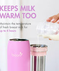 On The Go Breast Milk Chiller And Storage Container For Pumping Parents Double Walled Stainless Steel Keeps Fresh Milk Chill Up To 17 Hours 10 Oz Purple, pouring milk into pink container.