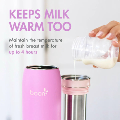 On The Go Breast Milk Chiller And Storage Container For Pumping Parents Double Walled Stainless Steel Keeps Fresh Milk Chill Up To 17 Hours 10 Oz Purple, pouring milk into pink container.