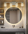 4 Light Brushed Nickel Vanity Light With 3 Color Modes 3000K 4000K 6500K Dimmable LED Bathroom Fixture over a round mirror