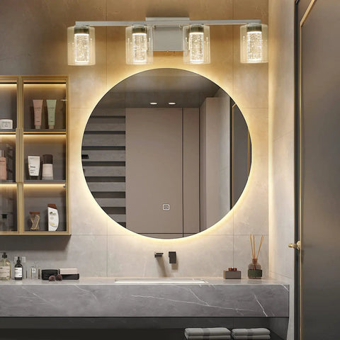 4 Light Brushed Nickel Vanity Light With 3 Color Modes 3000K 4000K 6500K Dimmable LED Bathroom Fixture over a round mirror