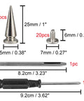 Twenty Pairs Of One Inch Silver Zinc Alloy Bullet Cone Spike Studs With Heavy Duty Iron Screws For Sick Punk Rock Leather And Kickass Streetwear Custom Accents Includes Quick Setup Tools, showcasing spikes and screws with dimensions.