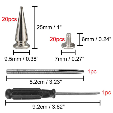 Twenty Pairs Of One Inch Silver Zinc Alloy Bullet Cone Spike Studs With Heavy Duty Iron Screws For Sick Punk Rock Leather And Kickass Streetwear Custom Accents Includes Quick Setup Tools, showcasing spikes and screws with dimensions.