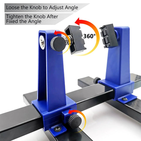Pro Grade Adjustable Soldering Clamp showing 360 degree rotation feature with blue heavy duty metal clamps and anti slip feet