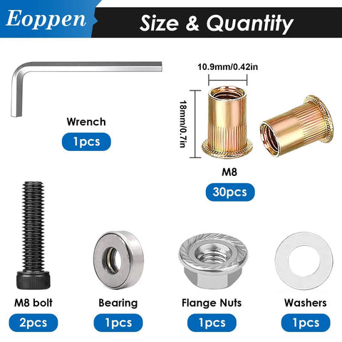 30Pcs M8 Rivet Nuts With Hand Rivet Nut Tool Carbon Steel Flat Head Threaded Insert Nut Kit components shown with sizes