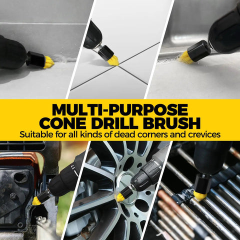 Eight Piece Drill Brush Attachment Set For Power Scrubbers, Includes Seven Brush Heads And Extendable Rod, Clean Bathtub, Shower, Grout, Tile, Toilet, Carpet, Upholstery With Nylon Bristles That Will Not Scratch used on various surfaces.