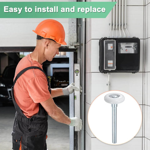 Worker installing 6 Pack Nylon Garage Door Rollers Replacement Kit Beefed Up Quiet 1.8 Inch Wheels With 4.3 Inch Stems High Load 11 Ball Bearings Sealed Precision Bearings Ideal For Residential Commercial Sectional Barn And Warehouse Doors