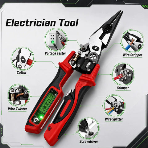 All In One Electrician Pliers With Digital Display And Voltage Tester, Wire Stripper Cutter Crimper Screwdriver, Multi Function Electrical Tool For Home Auto And Workshop Use Green shown with display